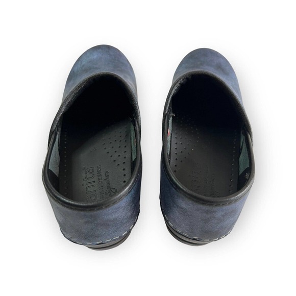 Sanita Women’s Blue Shimmer & Black Leather Professional Bottom Clogs Size 8 - Picture 8 of 12